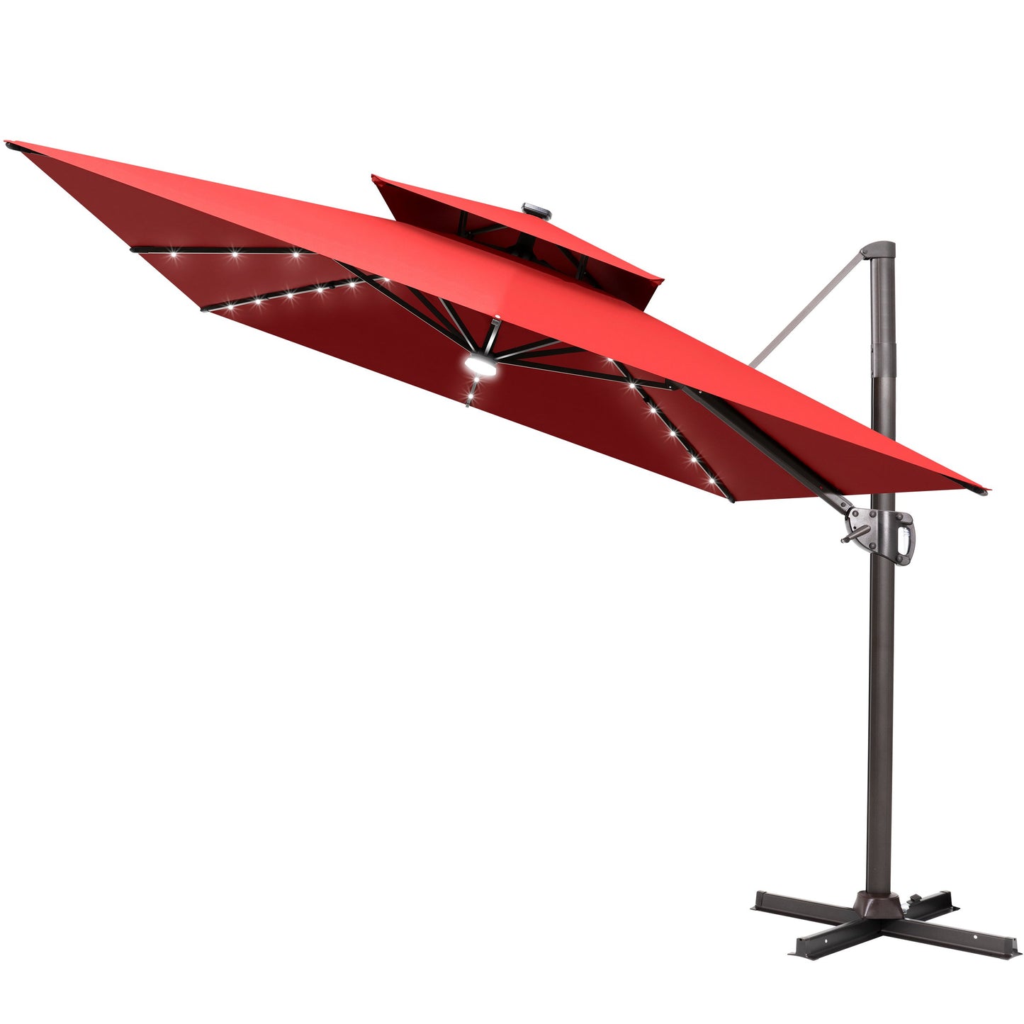 Crestlive Products 11x9ft Aluminum Dual Top Crank Cantilever Patio Umbrella with LED Lights and Base Options