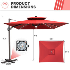 11x9 ft Aluminum Cantilever Patio Umbrella with LED Lights & Double Top (Base Options)