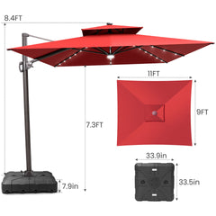 11x9 ft Aluminum Cantilever Patio Umbrella with LED Lights & Double Top (Base Options)