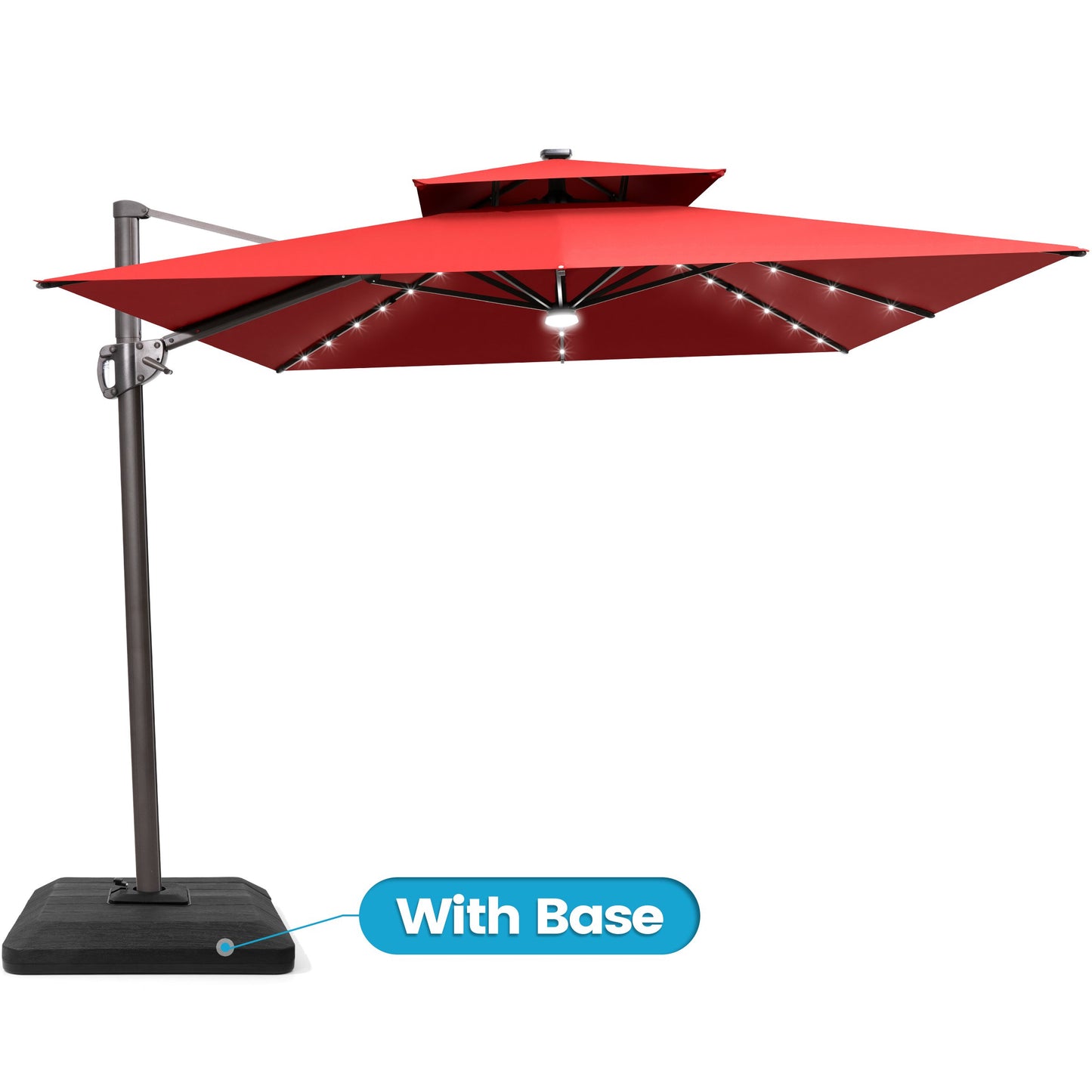 Crestlive Products 11x9ft Aluminum Dual Top Crank Cantilever Patio Umbrella with LED Lights and Base Options
