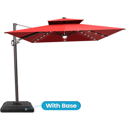 Crestlive Products 11x9ft Aluminum Dual Top Crank Cantilever Patio Umbrella with LED Lights and Base Options