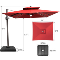 11x9 ft Aluminum Cantilever Patio Umbrella with LED Lights & Double Top (Base Options)
