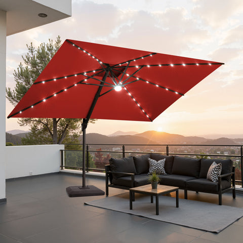 Crestlive Products 11x9ft Aluminum Dual Top Crank Cantilever Patio Umbrella with LED Lights and Base Options