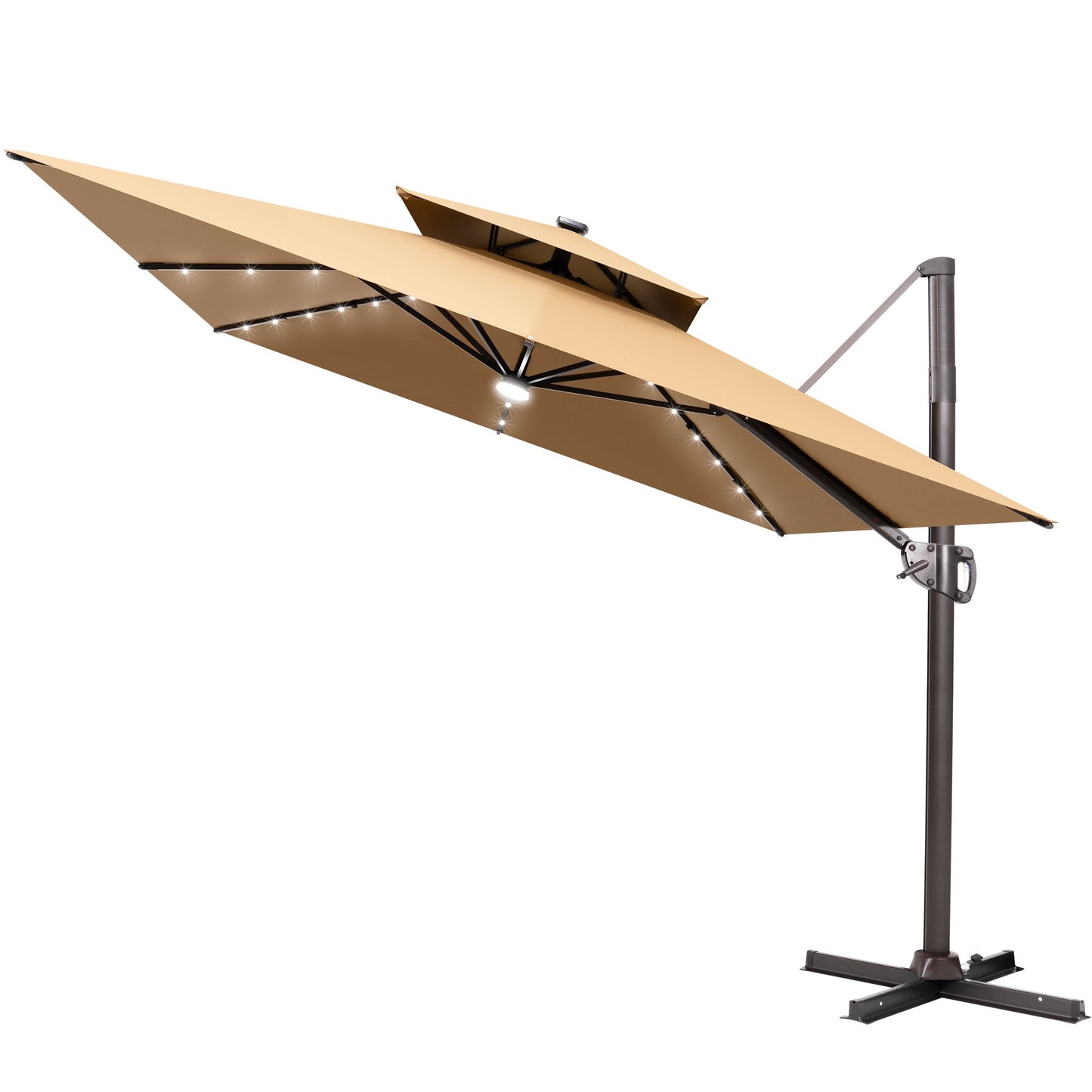 Crestlive Products 11x9ft Aluminum Dual Top Crank Cantilever Patio Umbrella with LED Lights and Base Options