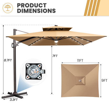 Crestlive Products 11x9ft Aluminum Dual Top Crank Cantilever Patio Umbrella with LED Lights