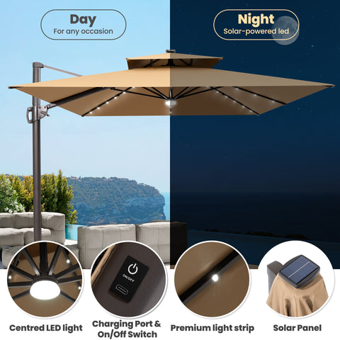 Crestlive Products 11x9ft Aluminum Dual Top Crank Cantilever Patio Umbrella with LED Lights and Base Options