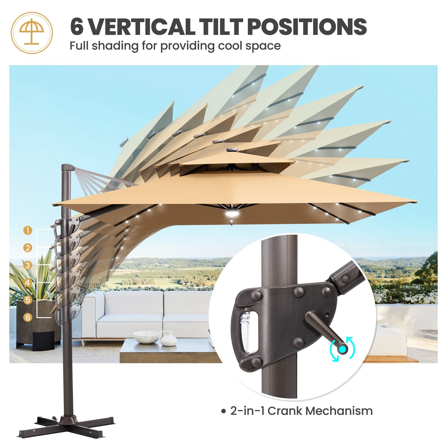 Crestlive Products 11x9ft Aluminum Dual Top Crank Cantilever Patio Umbrella with LED Lights and Base Options