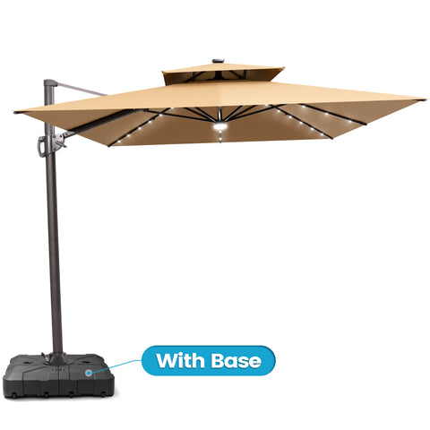 Crestlive Products 11x9ft Aluminum Dual Top Crank Cantilever Patio Umbrella with LED Lights and Base Options