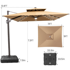 11x9 ft Aluminum Cantilever Patio Umbrella with LED Lights & Double Top (Base Options)