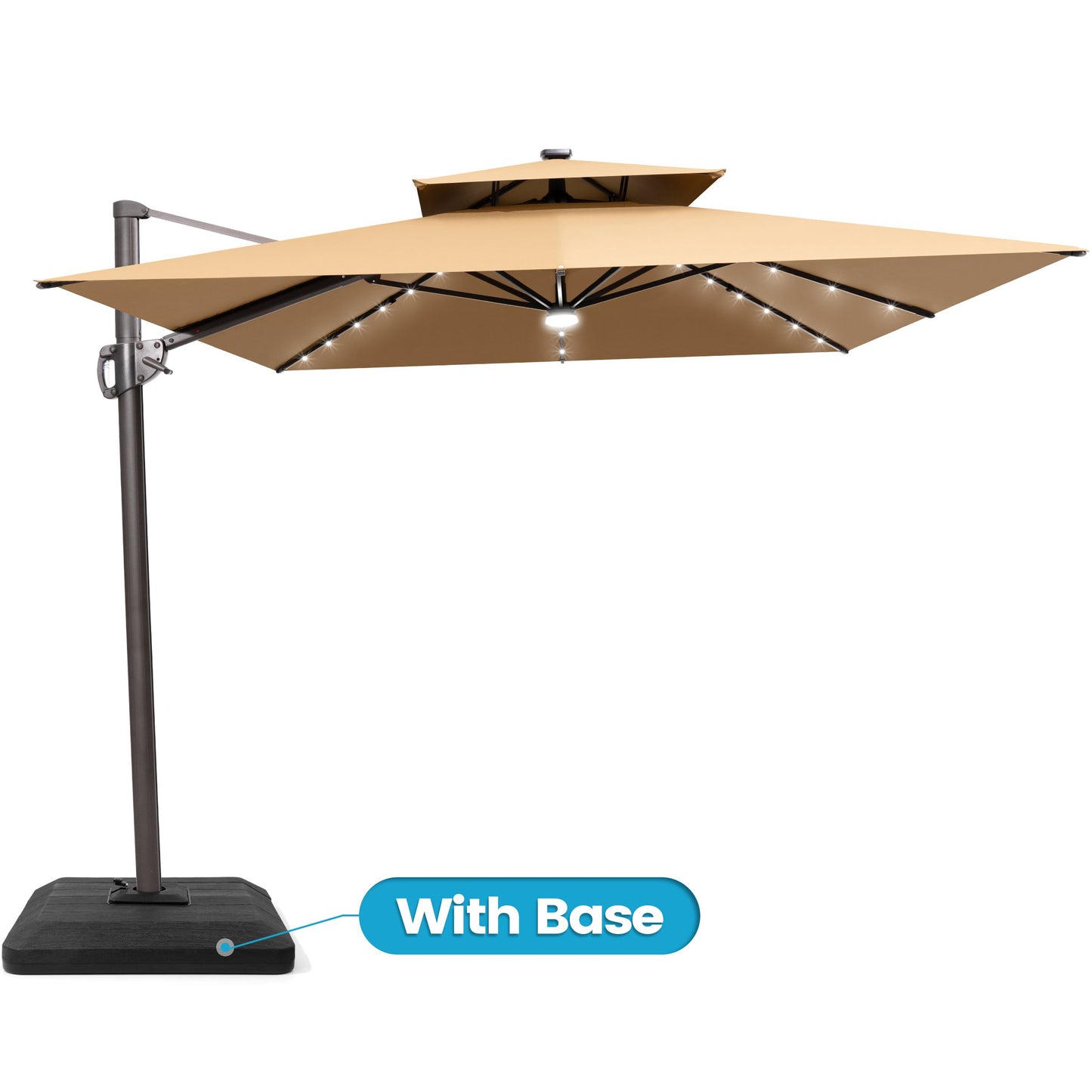 Crestlive Products 11x9ft Aluminum Dual Top Crank Cantilever Patio Umbrella with LED Lights and Base Options
