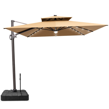 Crestlive Products 11x9ft Aluminum Dual Top Crank Cantilever Patio Umbrella with LED Lights and Base Options