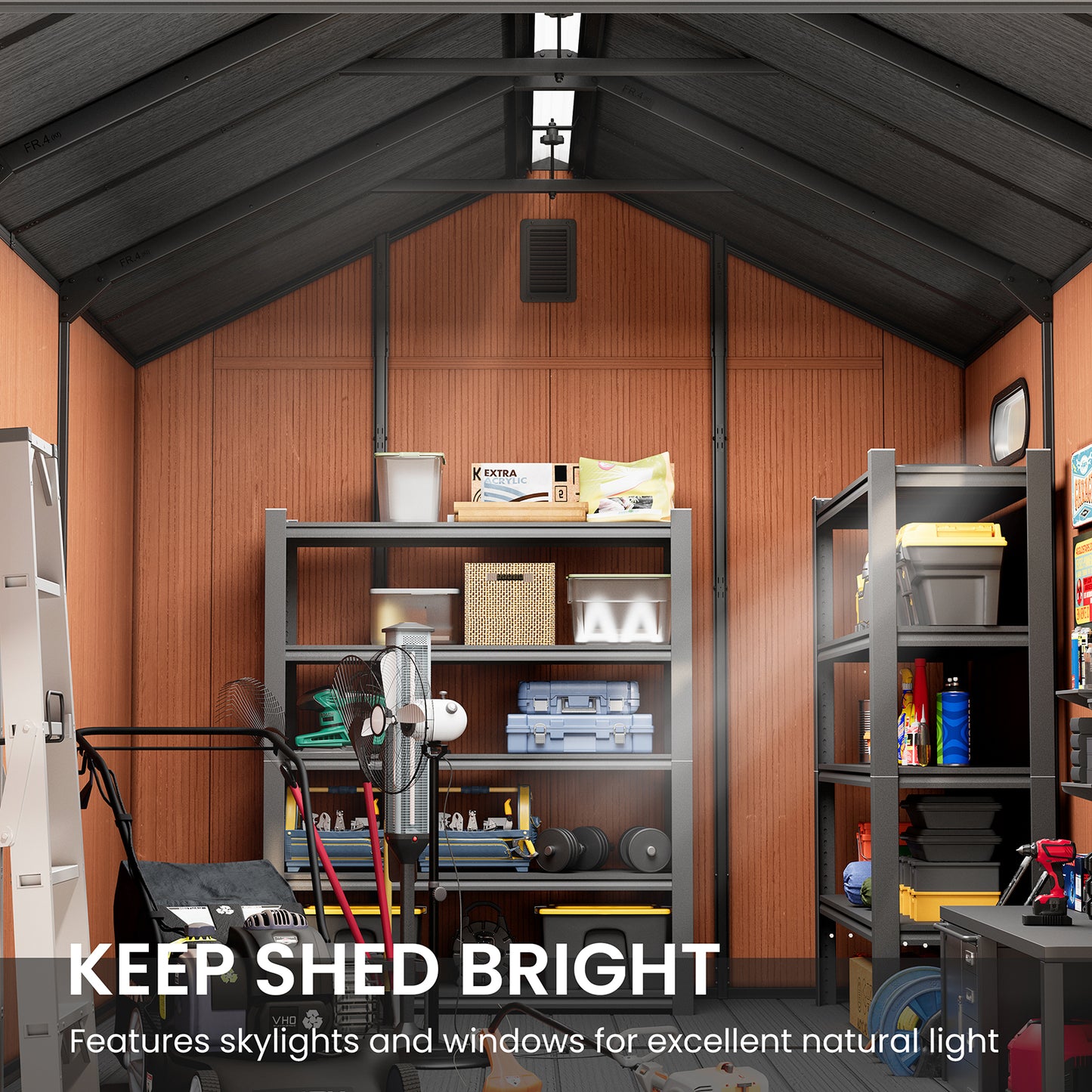 Crestlive Products Outdoor Resin Storage Shed with Floor, Skylight, and Lockable Door, PP and Metal Frame