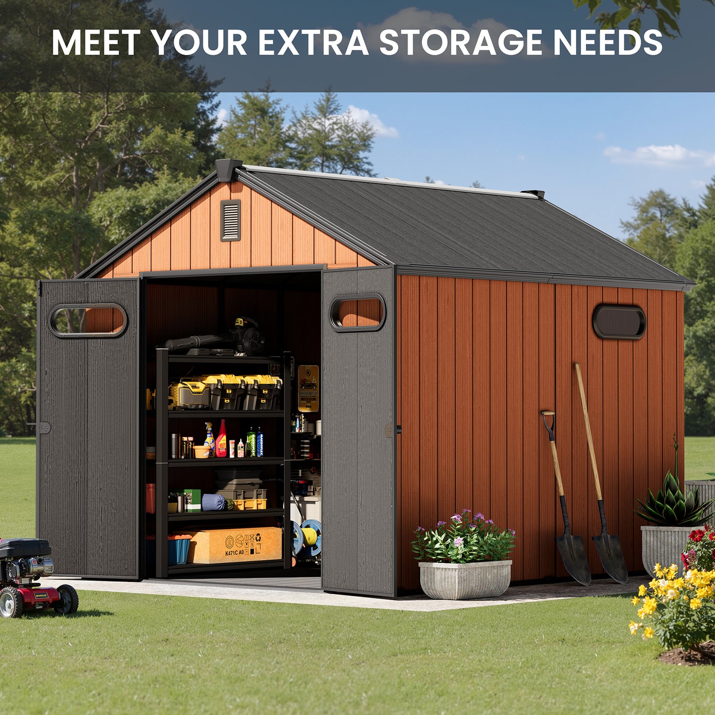Crestlive Products Outdoor Resin Storage Shed with Floor, Skylight, and Lockable Door, PP and Metal Frame