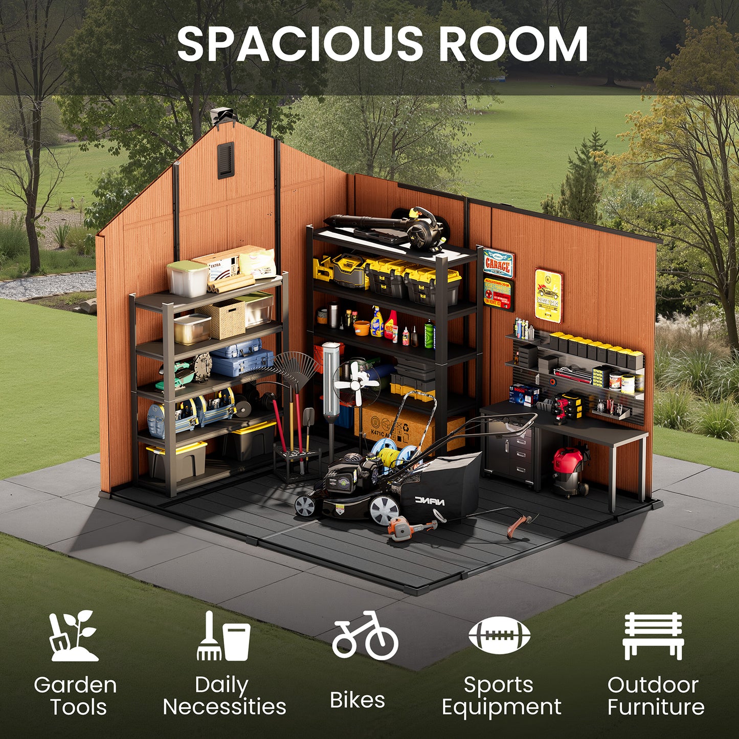 Crestlive Products Outdoor Resin Storage Shed with Floor, Skylight, and Lockable Door, PP and Metal Frame