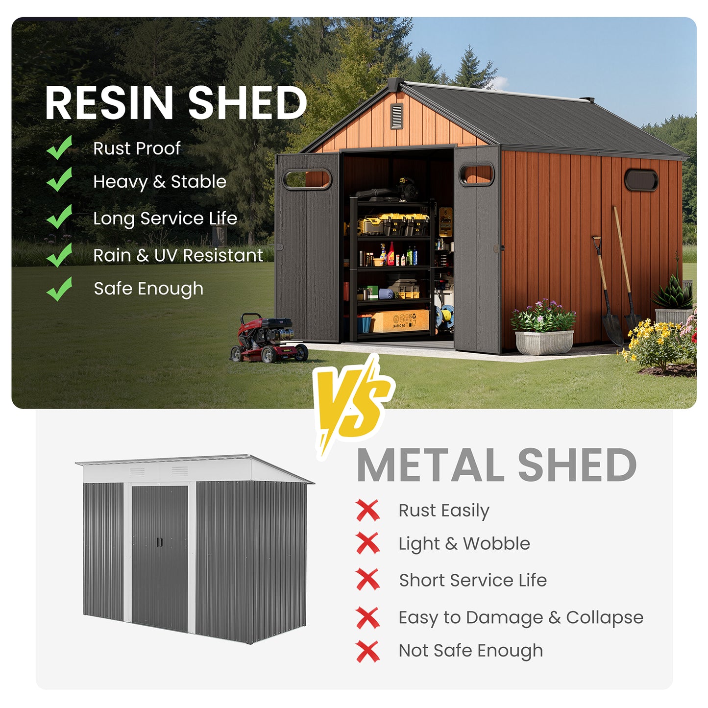 Crestlive Products Outdoor Resin Storage Shed with Floor, Skylight, and Lockable Door, PP and Metal Frame