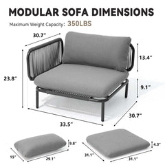 Modular Patio Sofa Chair with Rope Weave & Convertible Armrests