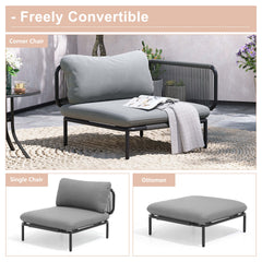Modular Patio Sofa Chair with Rope Weave & Convertible Armrests