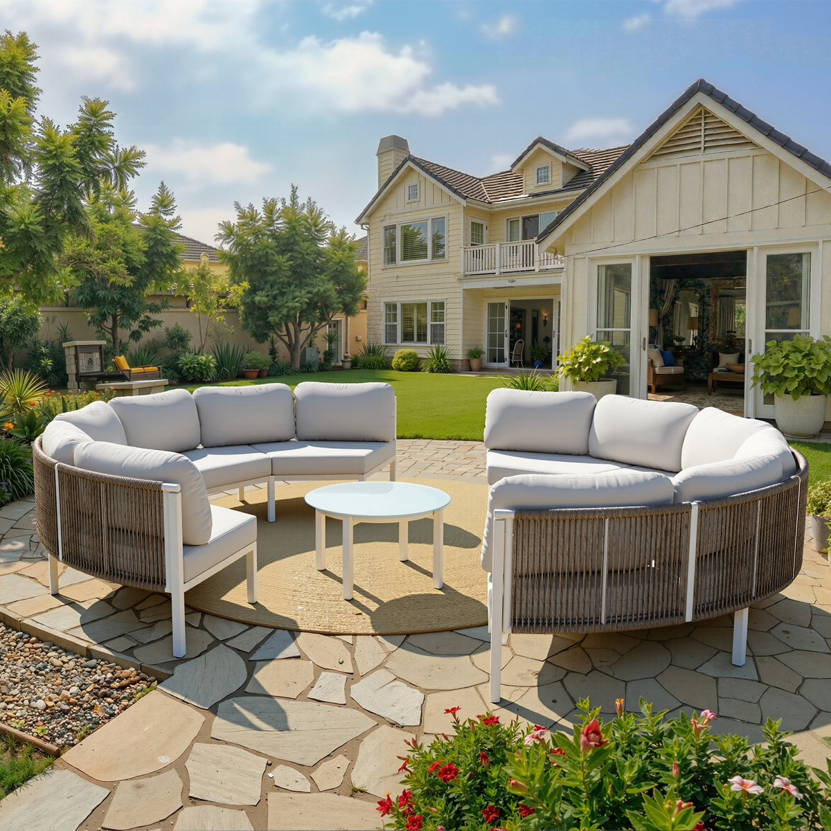 Curved Aluminum Outdoor Sectional Sofa with Cushions and Side Table