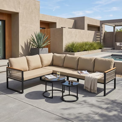 Crestlive 7 Piece Patio Furniture Set, Modern L-Shaped Outdoor Sofa with Nesting Tables, 4 Inch Thick Cushion, Beige