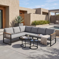 Crestlive 7 Piece Patio Furniture Set, Modern L-Shaped Outdoor Sofa with Nesting Tables, 4 Inch Thick Cushion, Grey