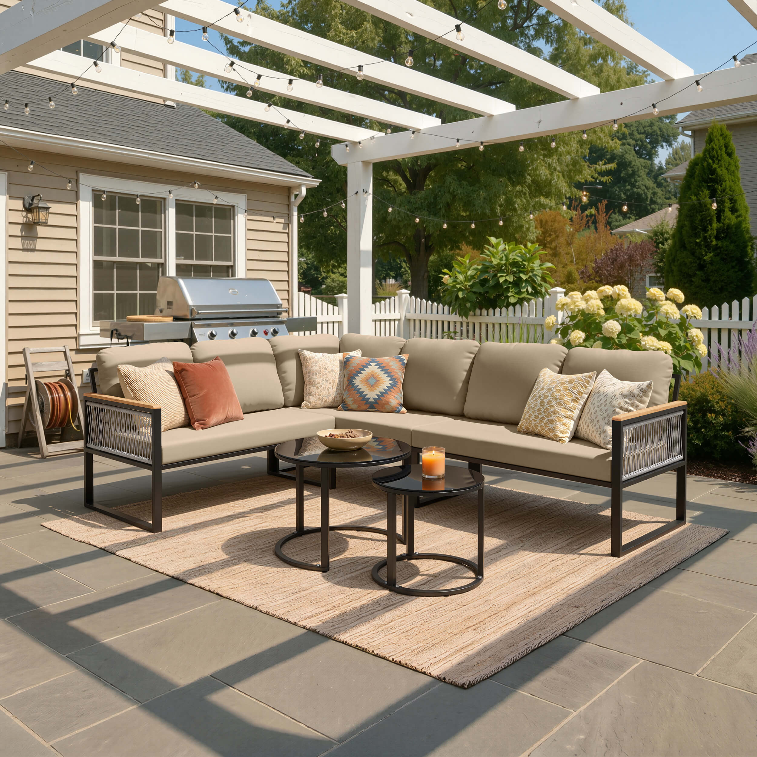 Modular PE wicker outdoor sectional sofa set with khaki cushions on backyard patio under pergola.