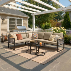 Modular PE wicker outdoor sectional sofa set with khaki cushions on backyard patio under pergola.