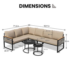 Dimensions of modular PE wicker outdoor sectional sofa set with nesting coffee tables.