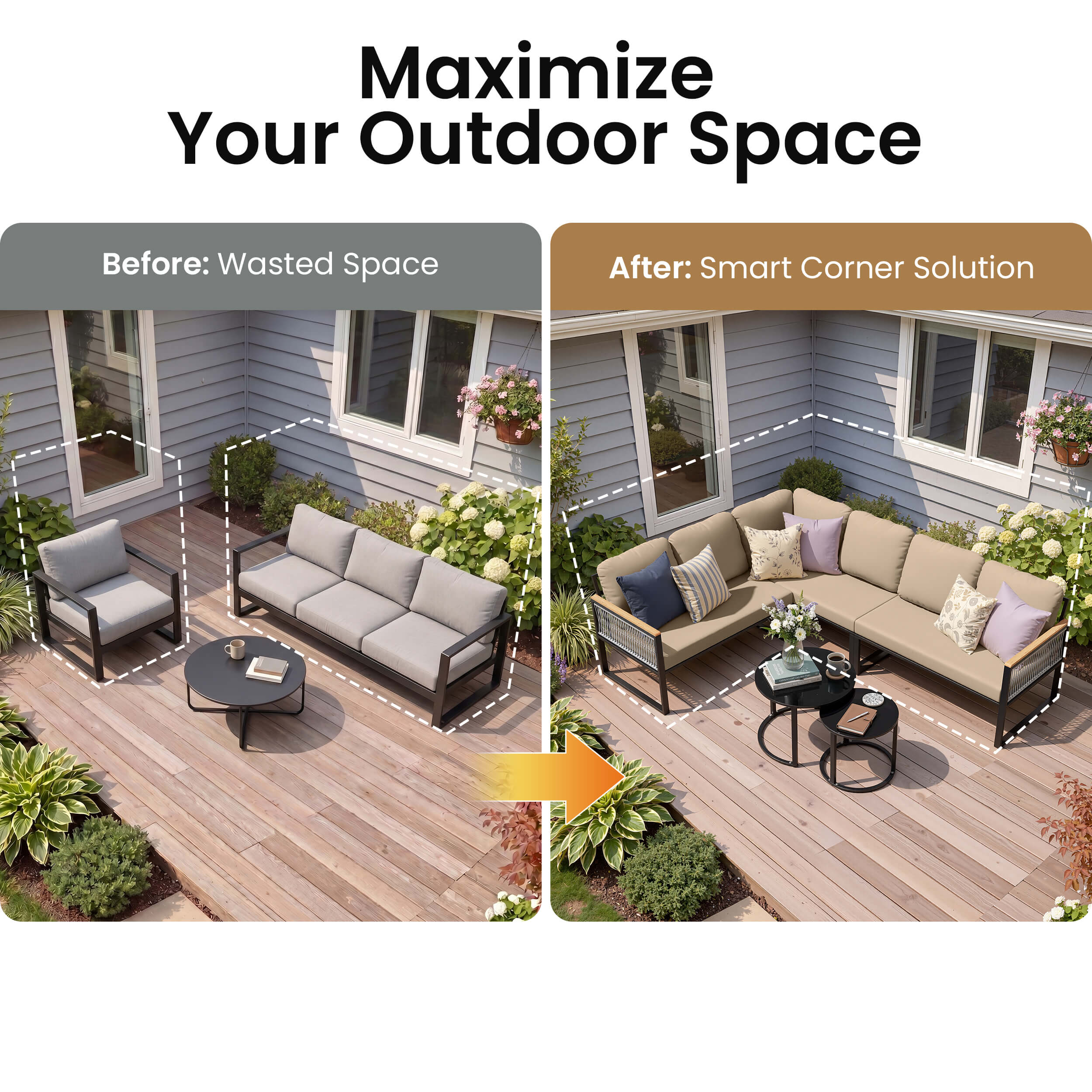 Before and after comparison of modular outdoor sectional sofa maximizing patio space.