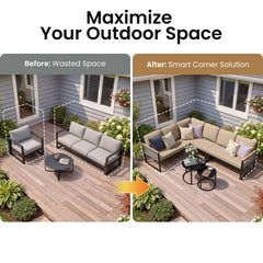 Before and after comparison of modular outdoor sectional sofa maximizing patio space.