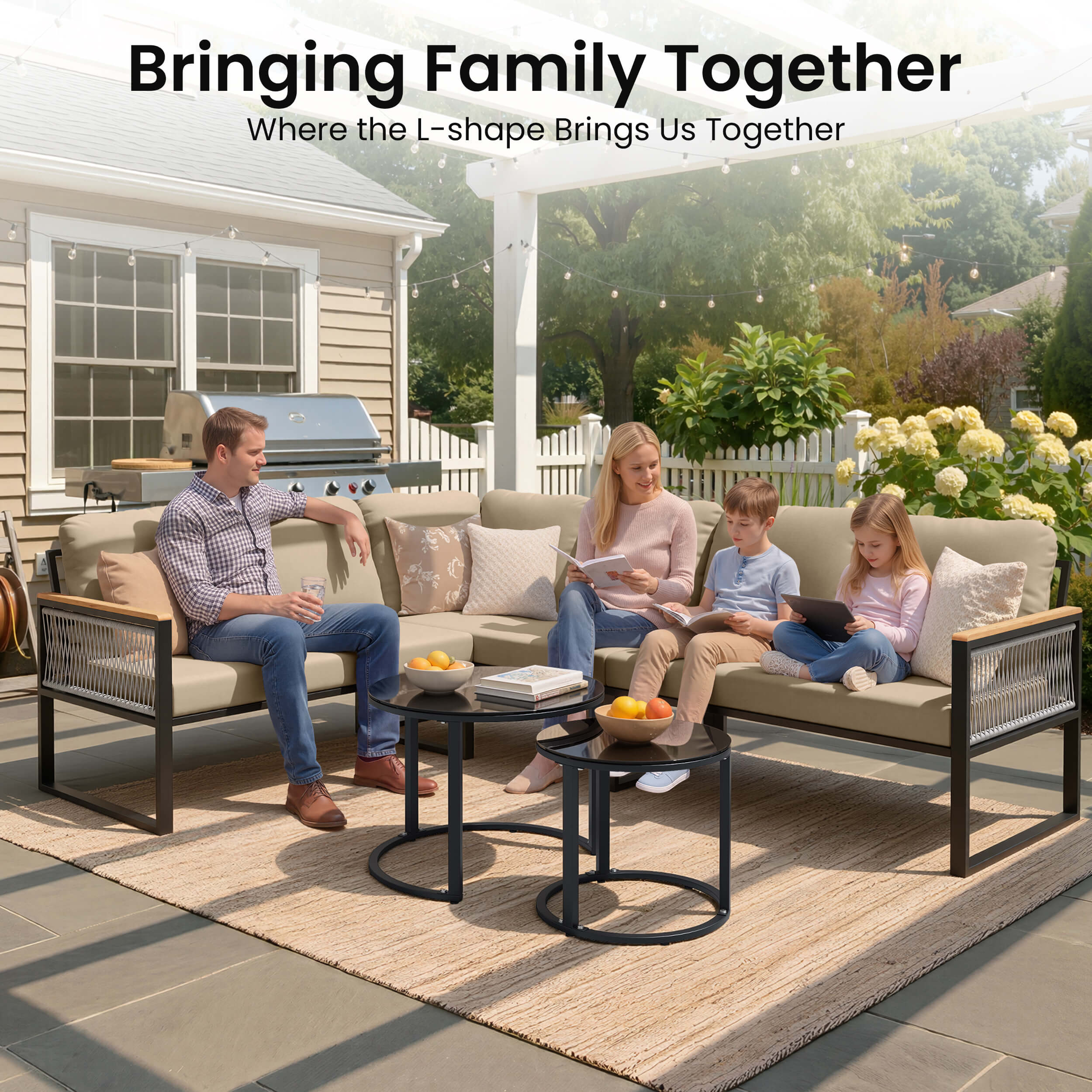 Family relaxing on modular PE wicker outdoor sectional sofa set on backyard patio.