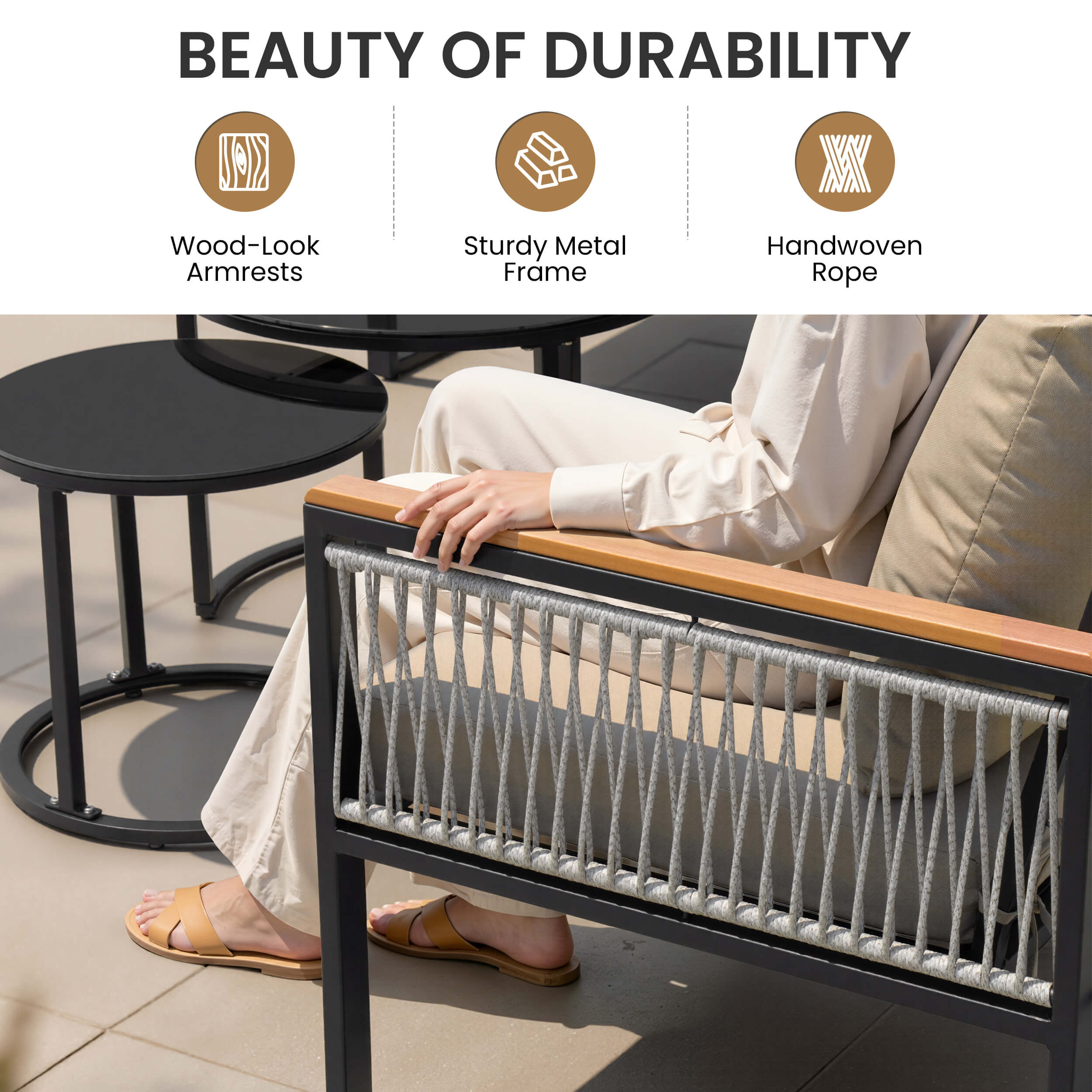 Wood-look armrest and handwoven rope detail of modular outdoor sectional sofa.
