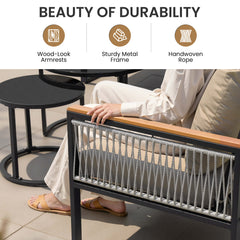 Wood-look armrest and handwoven rope detail of modular outdoor sectional sofa.