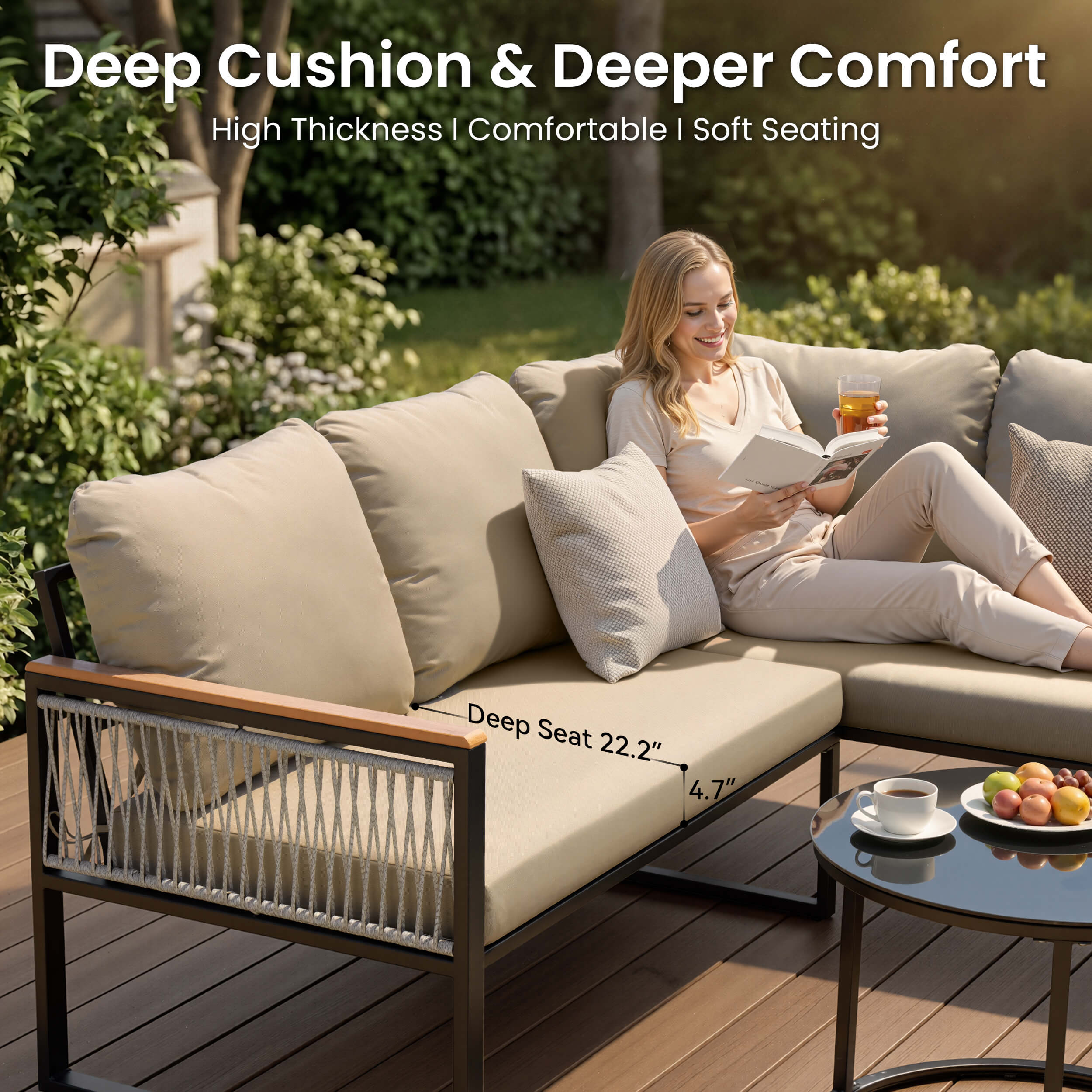 Deep seat and thick cushion detail of modular outdoor sectional sofa with a woman relaxing.