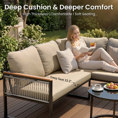 Deep seat and thick cushion detail of modular outdoor sectional sofa with a woman relaxing.