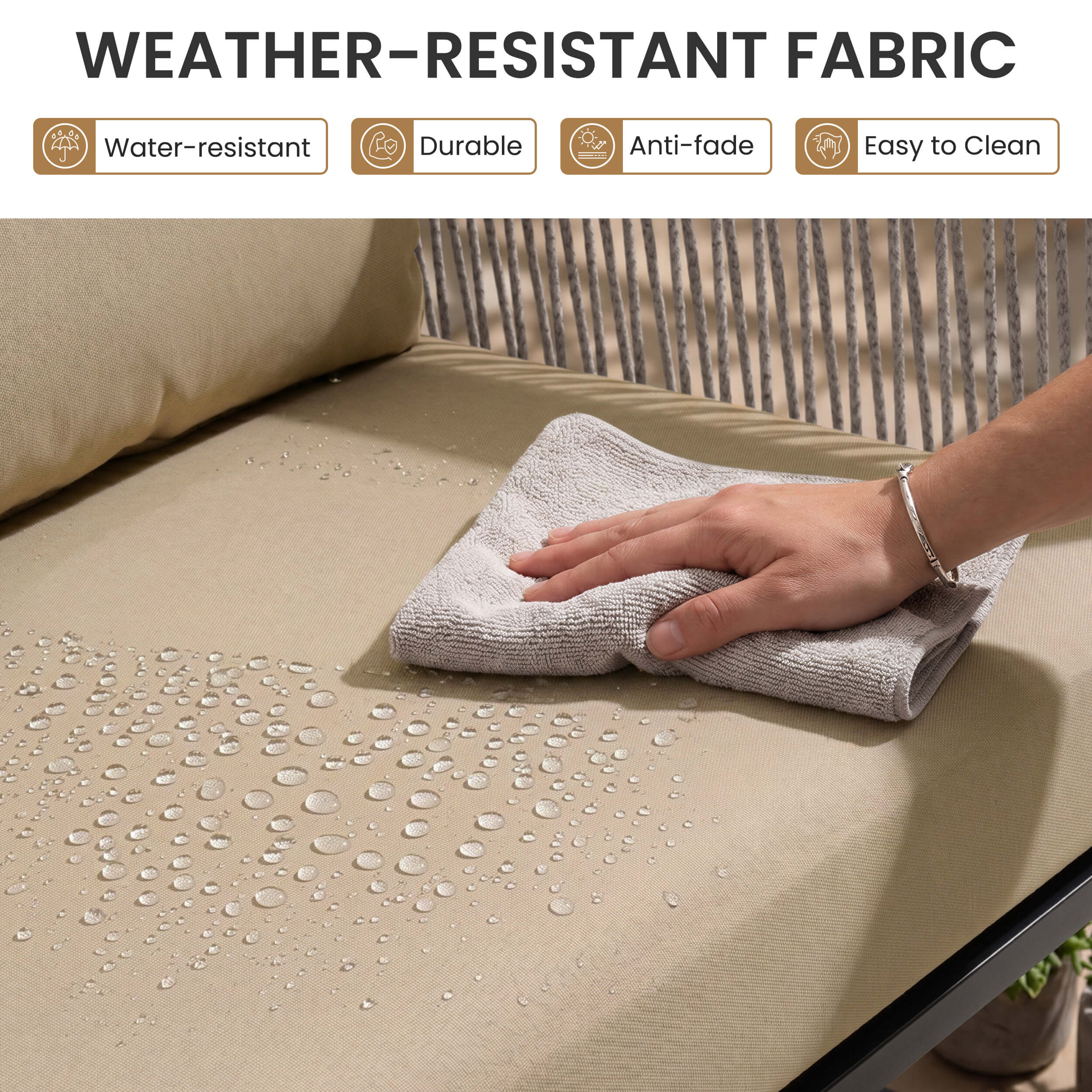 Water-resistant fabric and easy cleaning detail of modular outdoor sectional sofa.