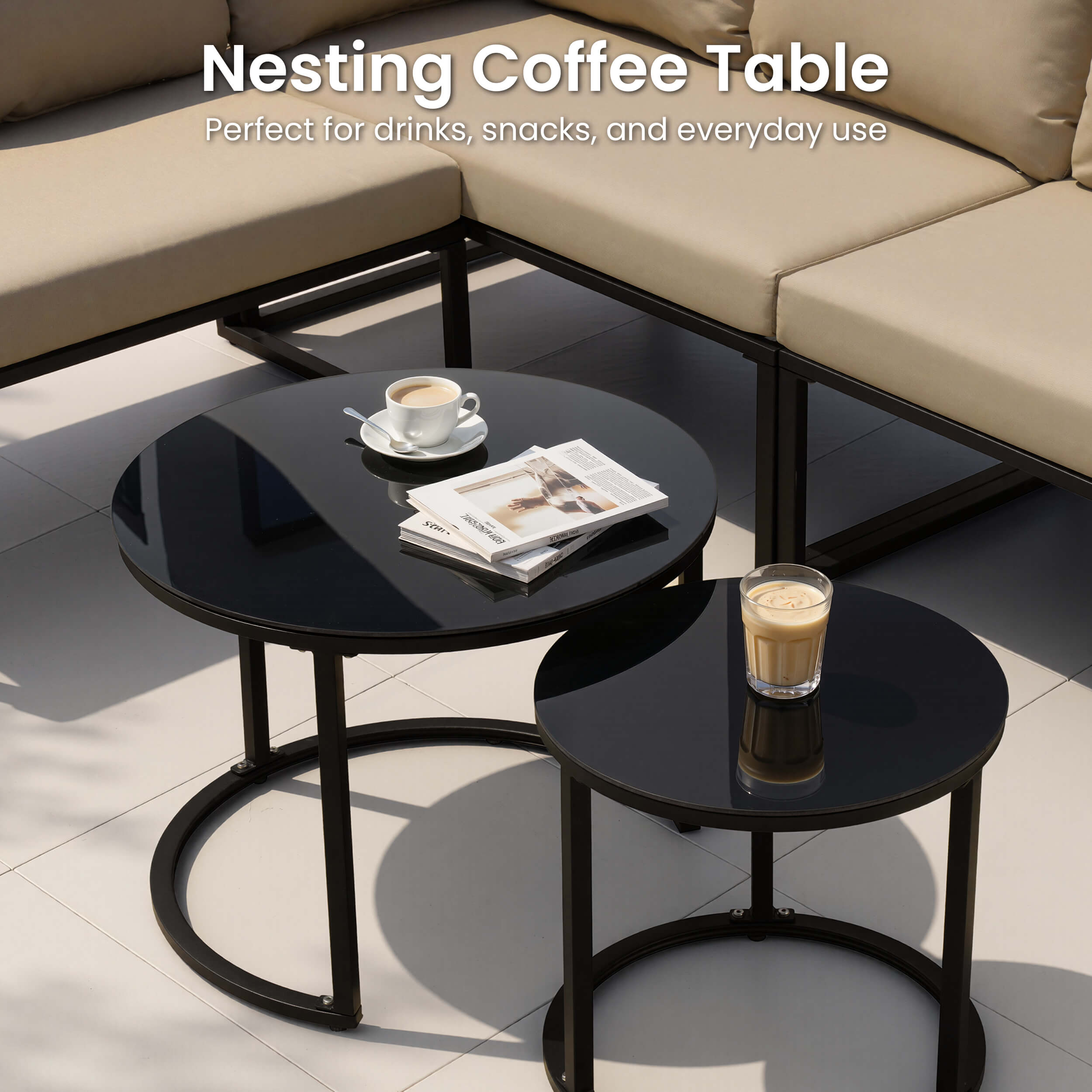 Nesting coffee table set with black glass top for outdoor sectional sofa.