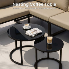 Nesting coffee table set with black glass top for outdoor sectional sofa.