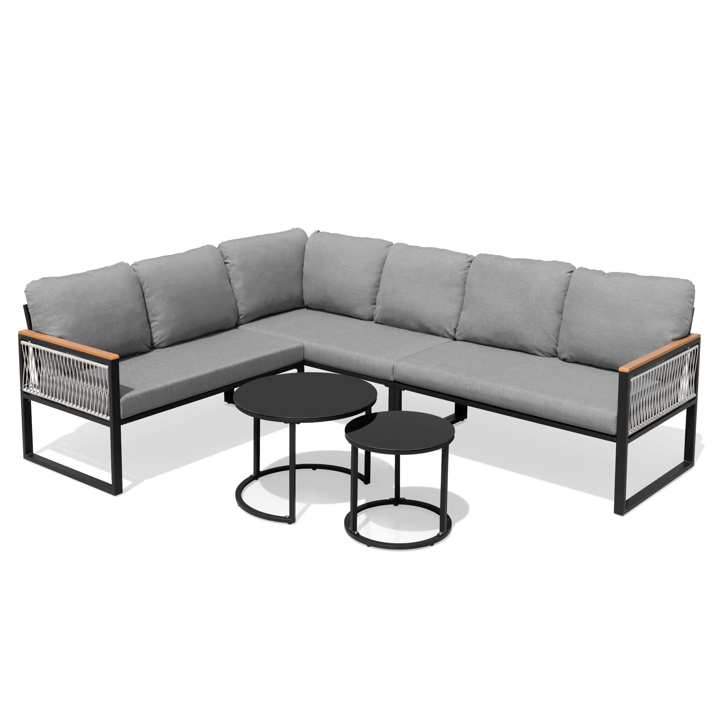 Modular PE wicker outdoor sectional sofa set with gray cushions and nesting coffee tables.