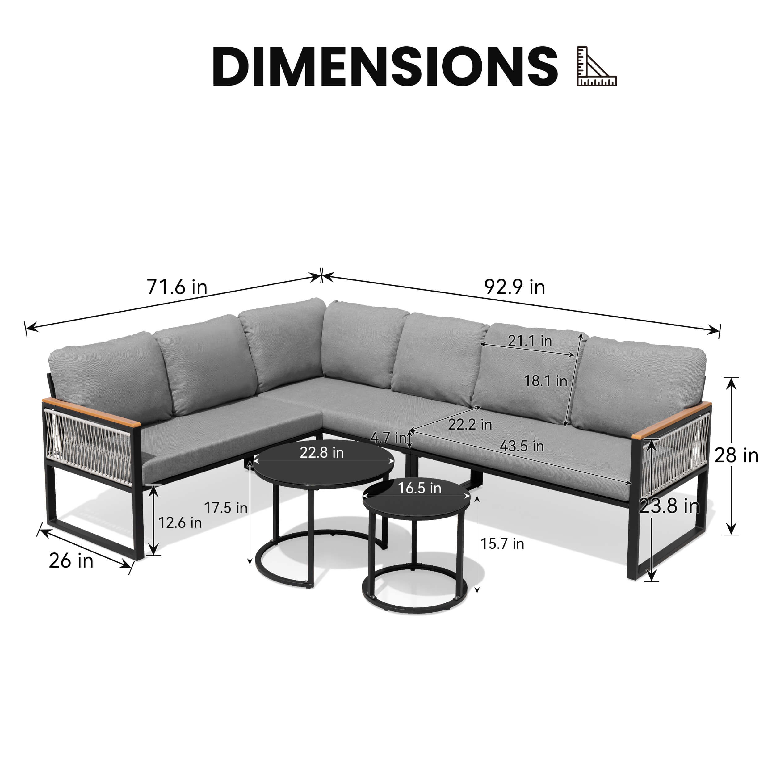 Dimensions of modular PE wicker outdoor sectional sofa set with gray cushions and nesting tables.
