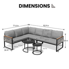 Dimensions of modular PE wicker outdoor sectional sofa set with gray cushions and nesting tables.