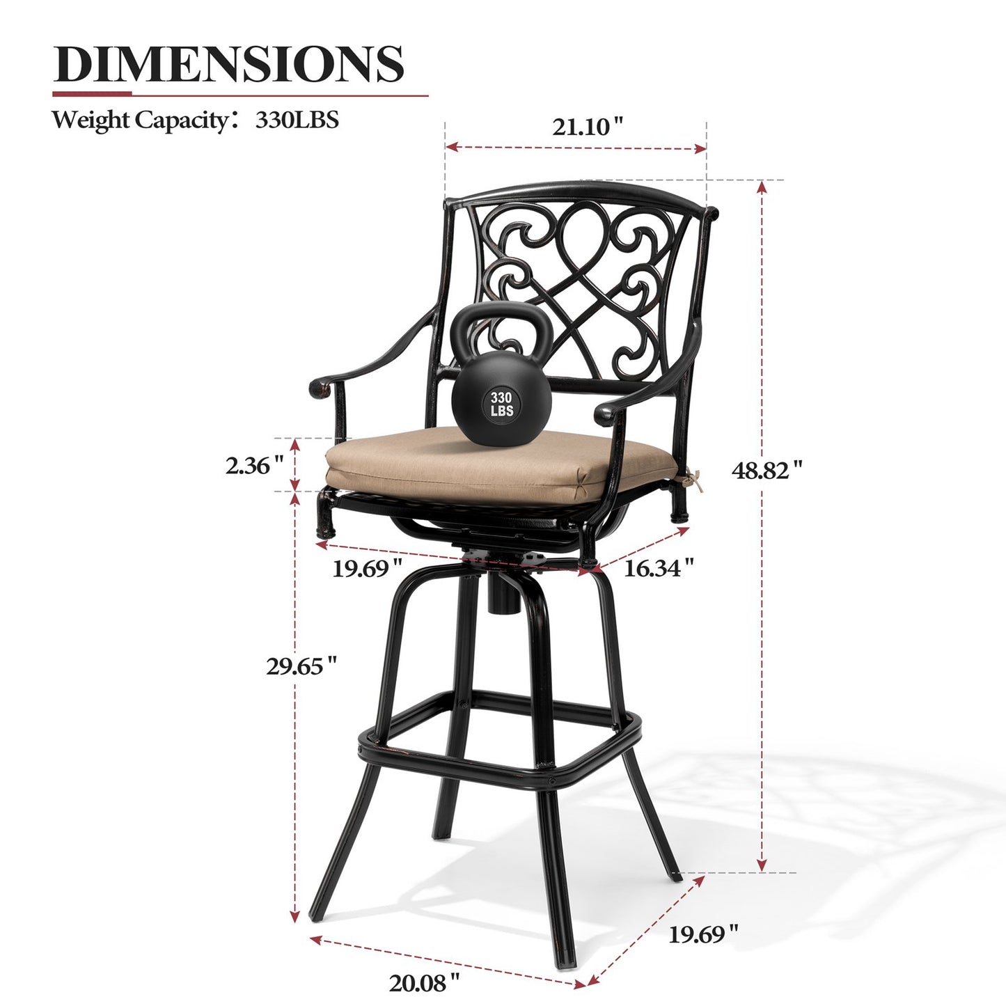 Crestlive Products Heavy Duty Cast Aluminum Frame Swivel Bar Stool with Sunbrella Cushion