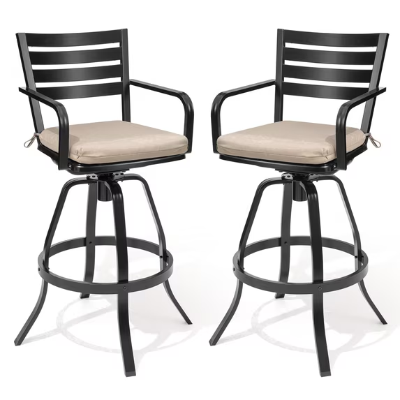 Crestlive Products Outdoor Cast Aluminum Swivel Bar Stools with Cushion, Patio Bar Height Chair Set of 2 (Beige)