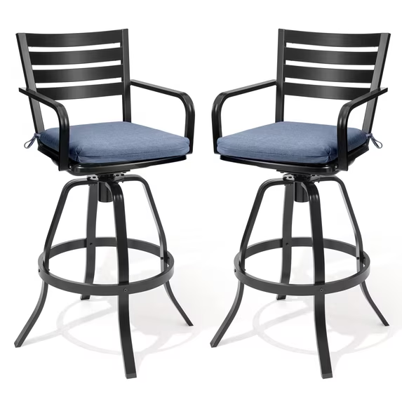 Crestlive Products Outdoor Cast Aluminum Swivel Bar Stools with Cushion, Patio Bar Height Chair Set of 2 (Blue)