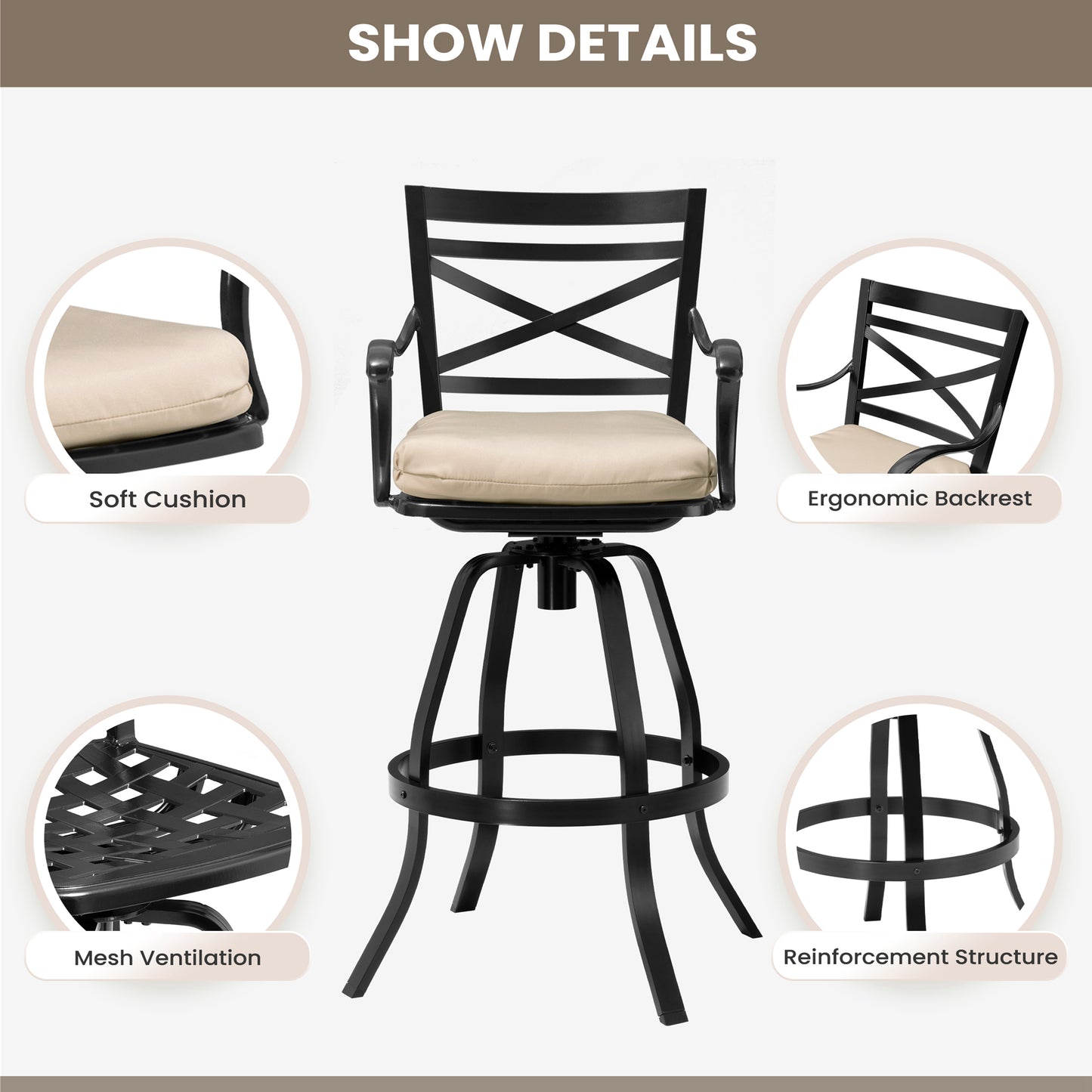 Crestlive Products Aluminum Outdoor Swivel Bar Stool Set of 2 with Sunbrella Cushion