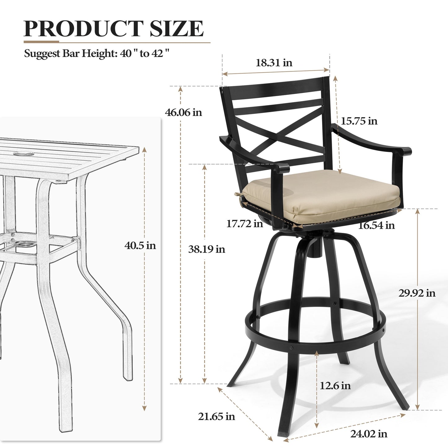 Crestlive Products Swivel Outdoor Bar Stools Set of 2 with Sunbrella Cushion and Cast Aluminum Frame