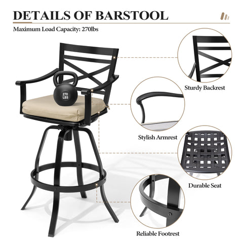 Aluminum outdoor swivel bar stool detail showing sturdy backrest, armrests, seat, and footrest