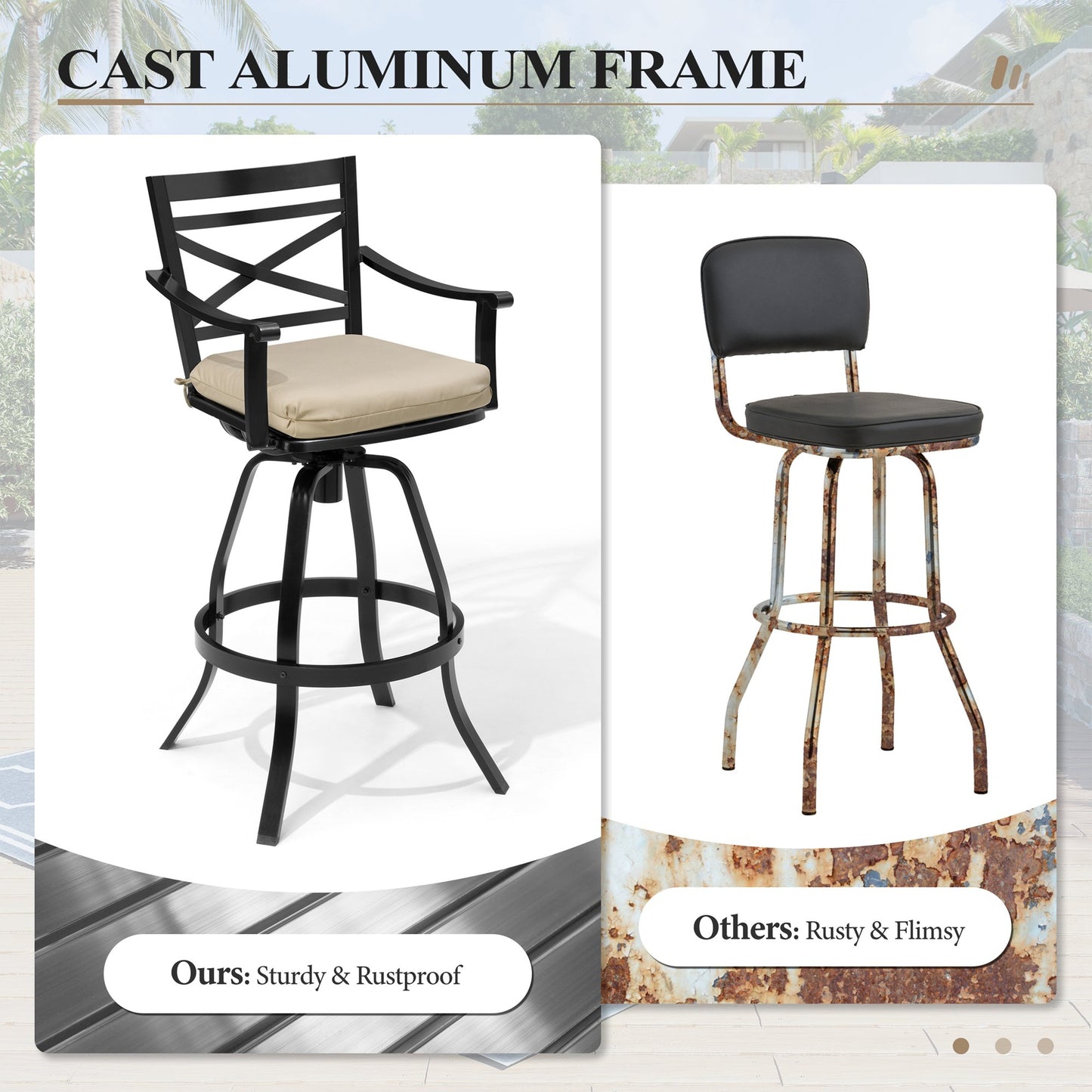 Crestlive Products Swivel Outdoor Bar Stools Set of 2 with Sunbrella Cushion and Cast Aluminum Frame