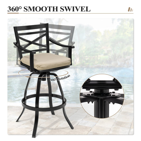 Aluminum outdoor swivel bar stool showing 360° smooth rotation