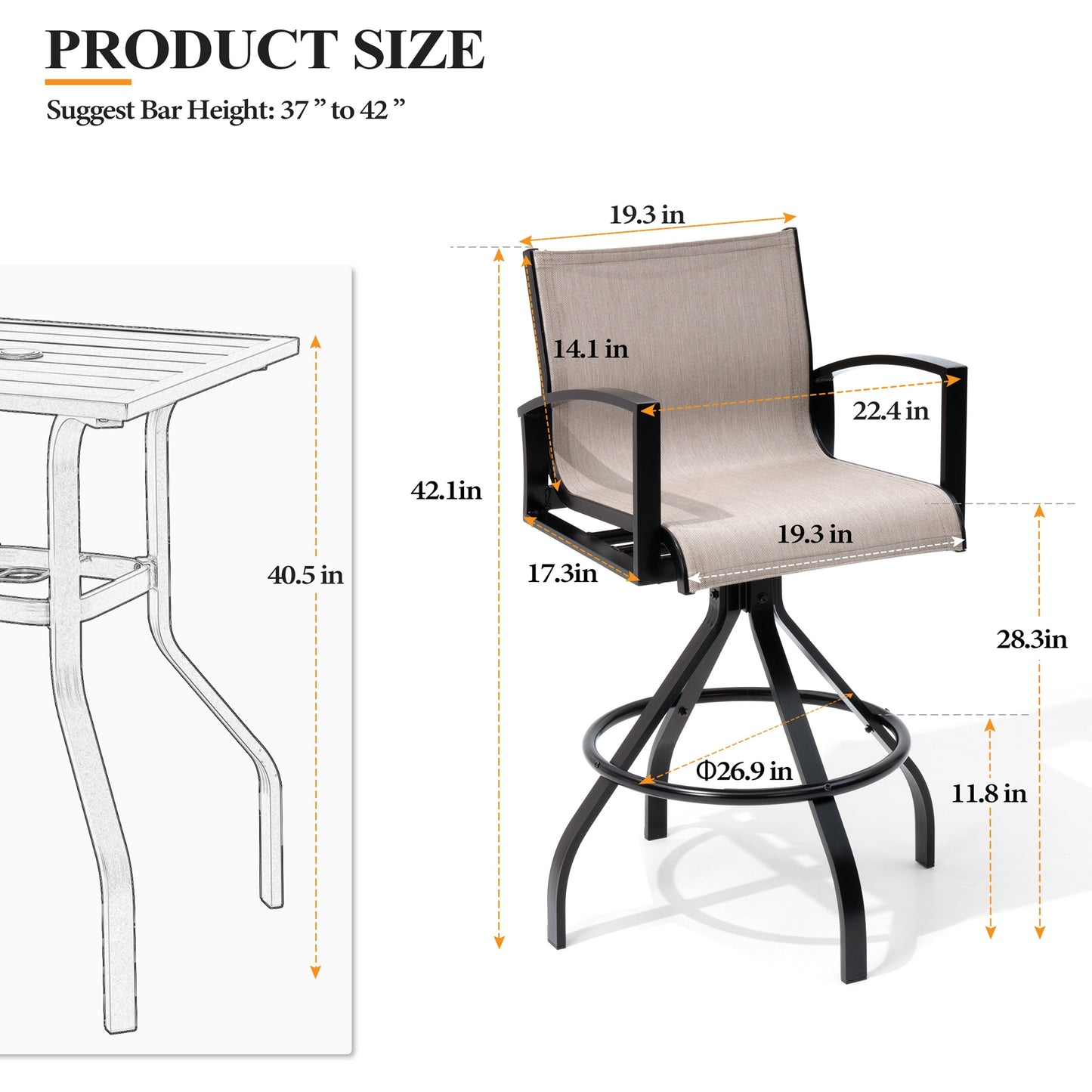Crestlive Products Aluminum Outdoor Swivel Bar Stool Set of 2 with Sunbrella Fabric