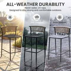 Outdoor Patio Bar Stool Set of 2 with Cushion and Rattan Back